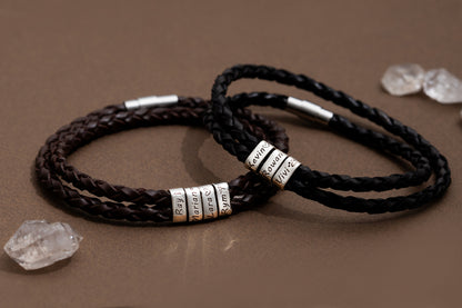 Çift Sargılı Erkek Deri İsim Bileklik | 925 Gümüş