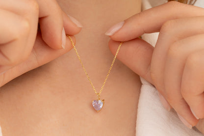 Doğum Taşlı Renkli Kalp Taşlı Kolye | 14 Ayar Altın