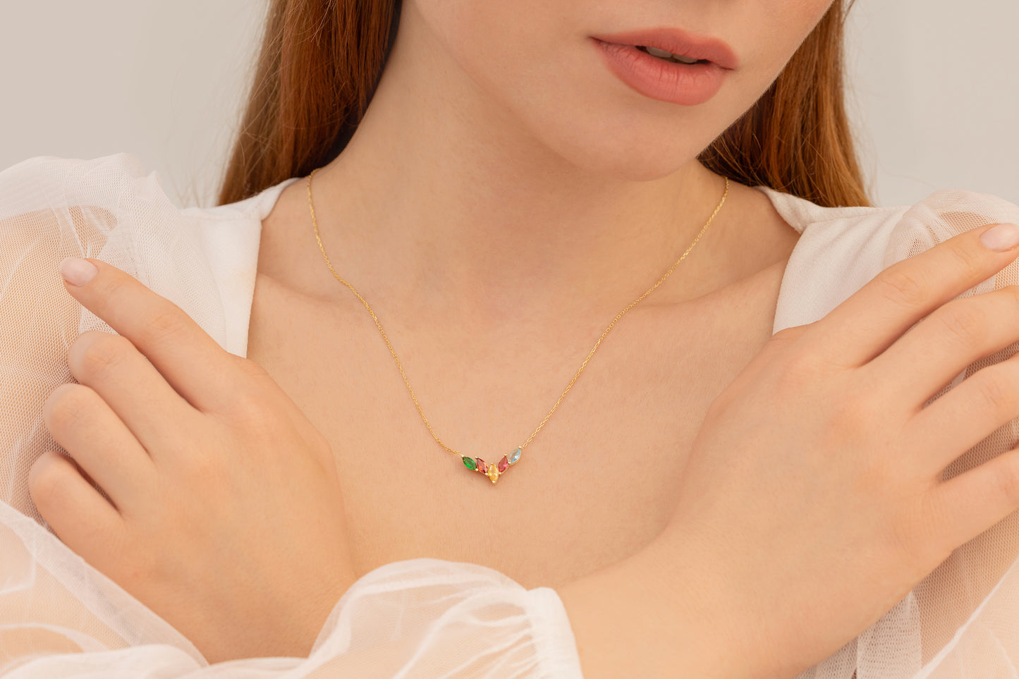 Asimetrik Mekik Doğum Taşlı Kolye | 14 Ayar Kolye