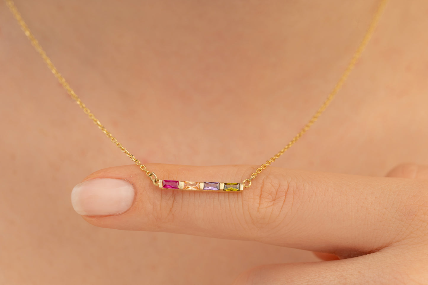 Forse Zincirli Doğum Taşlı Baget Kolye | 14 Ayar Altın