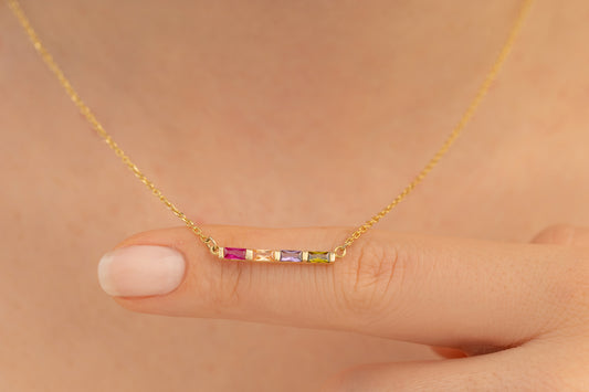 Forse Zincirli Doğum Taşlı Baget Kolye | 14 Ayar Altın