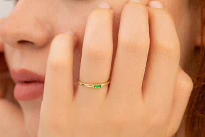 Doğum Taşlı Minimal Baget Yüzük | 14 Ayar Altın