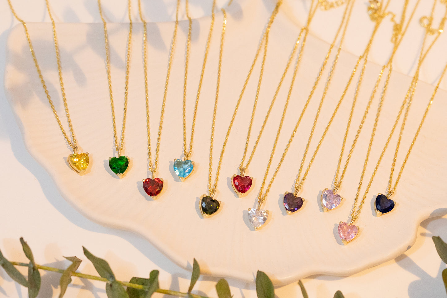Doğum Taşlı Renkli Kalp Taşlı Kolye | 14 Ayar Altın