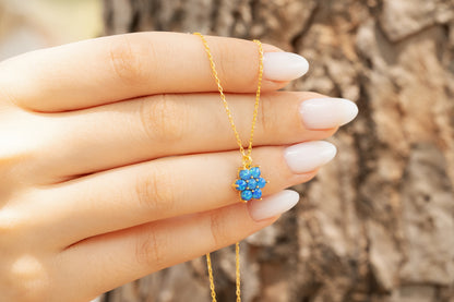 Çiçek Figürlü Mavi Opal Taşlı Kolye | 925 Gümüş