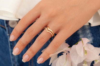 Zirkon Taşlı Çift Sıra V Yüzük | 925 Gümüş